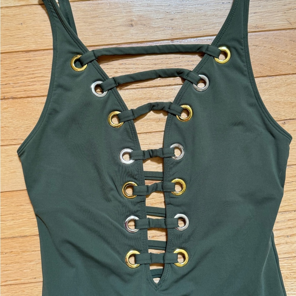 Bleu Rod Beattie Olive Grommet Gold/Silver Detail Swimsuit Size 4 Women’s